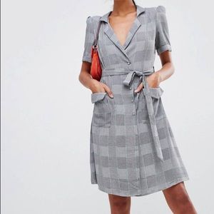 Wrap front check blazer dress in gray